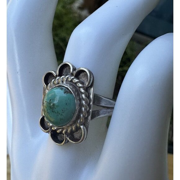 VTG Native American Old Pawn Ring Size 7 Sterling Silver Turquoise Floral 6.3g - Picture 2 of 10